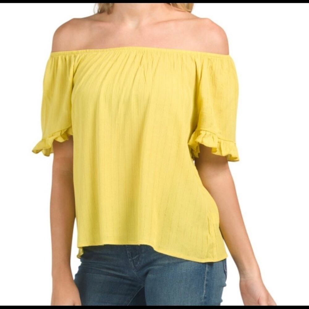 W5 Yellow/Green Metallic Sheer Off the Shoulder Ruffle Sleeve Top size Large